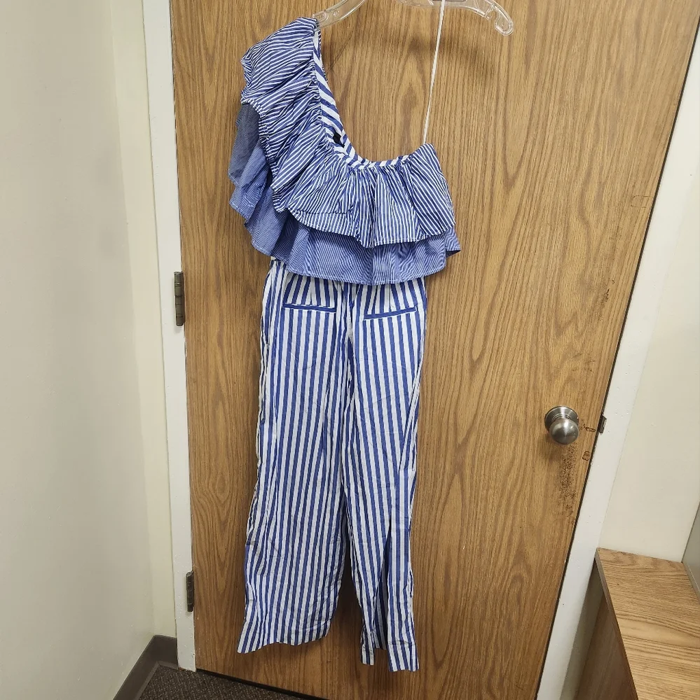J. Crew One Shoulder Blue Mixed Stripe Jumpsuit Sz 0. New without tags